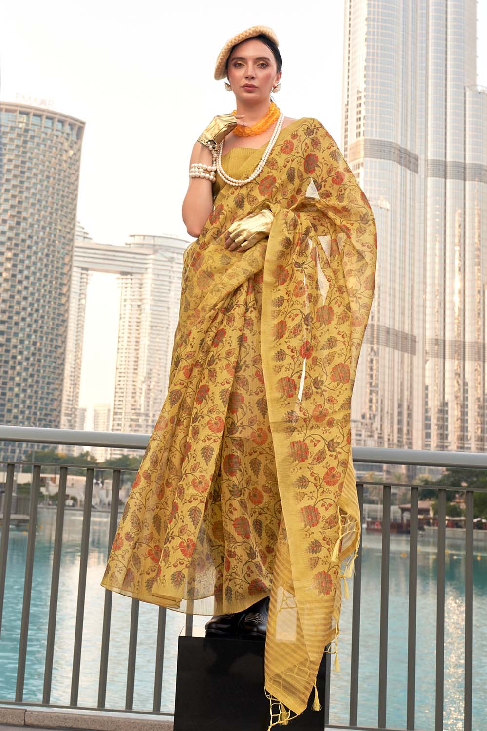 Ayesha Yellow Printed Zari Tissue One Minute Saree