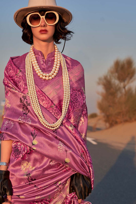 Keisha Lavender Printed Tissue Silk One Minute Saree