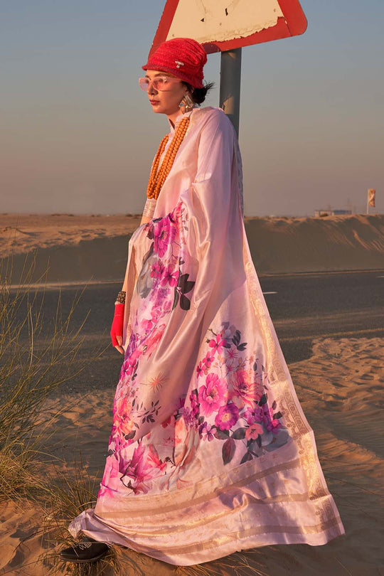 Keisha Light Pink Printed Tissue Silk One Minute Saree