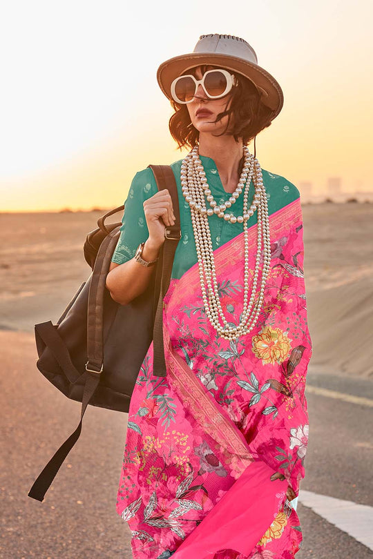 Keisha Dark Pink Printed Tissue Silk One Minute Saree