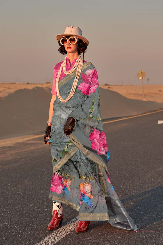 Keisha Green Printed Tissue Silk One Minute Saree