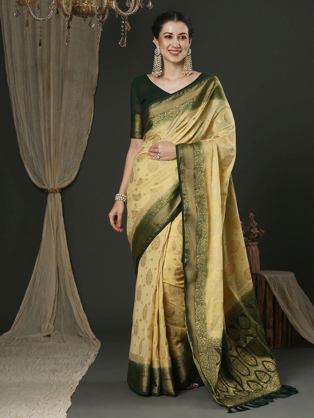 Alekha Beige & Dark Green Georgette Printed One Minute Saree