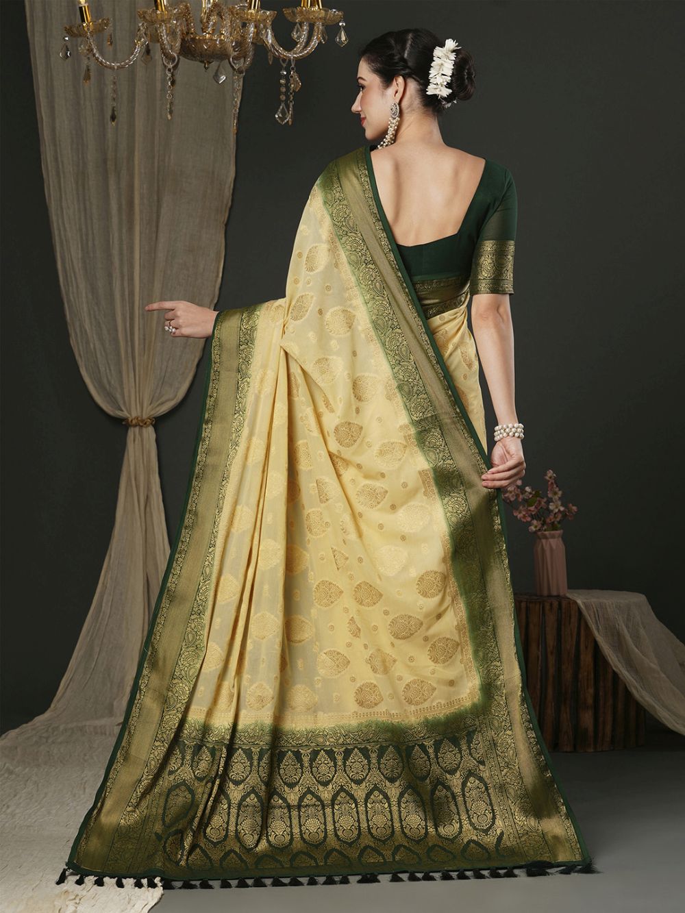 Alekha Beige & Dark Green Georgette Printed One Minute Saree
