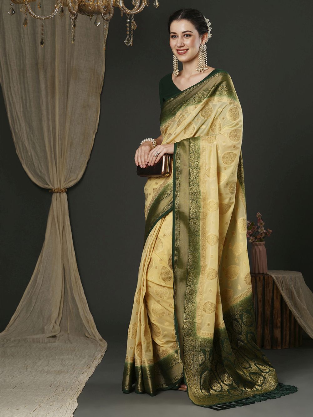 Alekha Beige & Dark Green Georgette Printed One Minute Saree