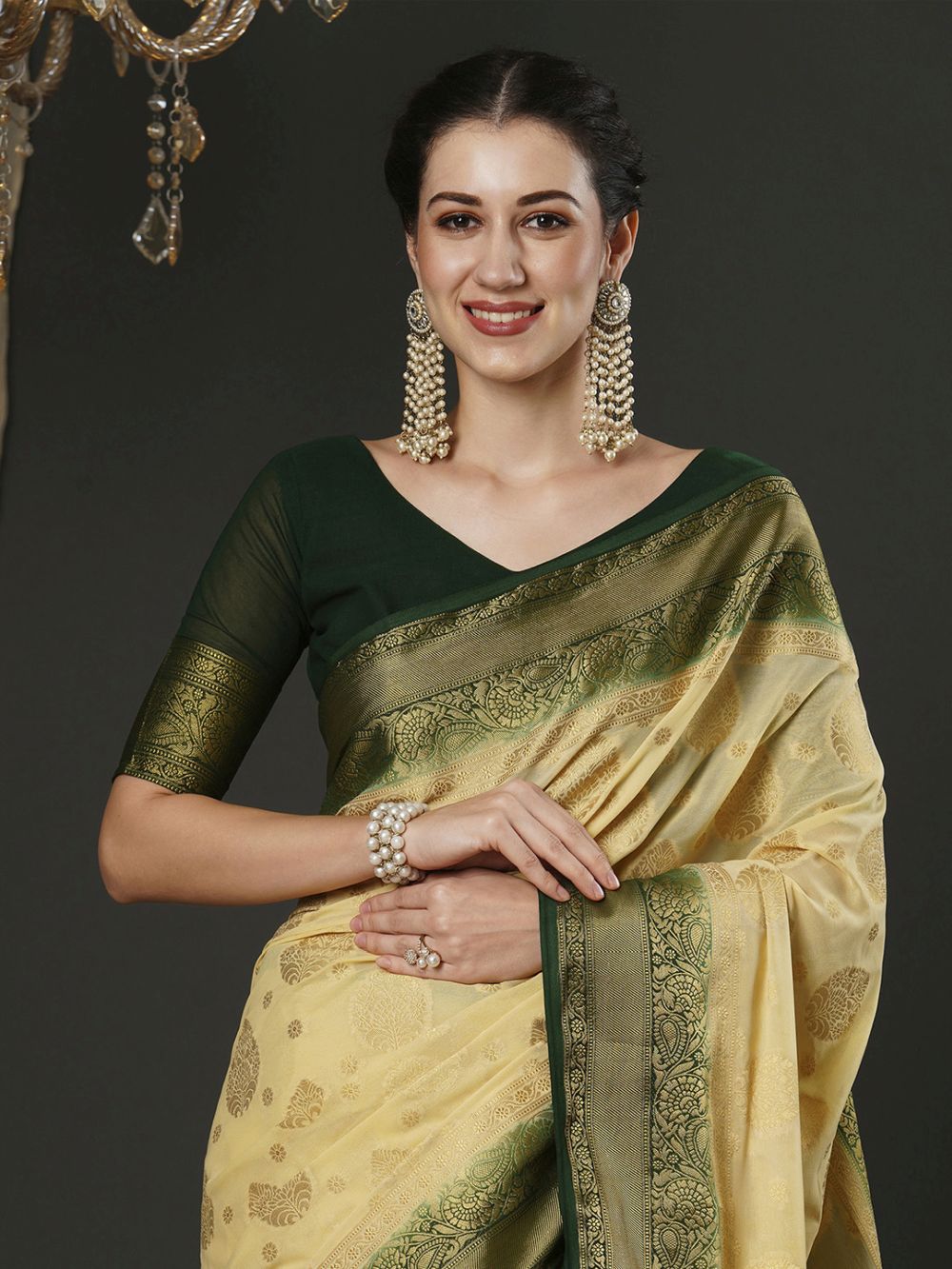 Alekha Beige & Dark Green Georgette Printed One Minute Saree