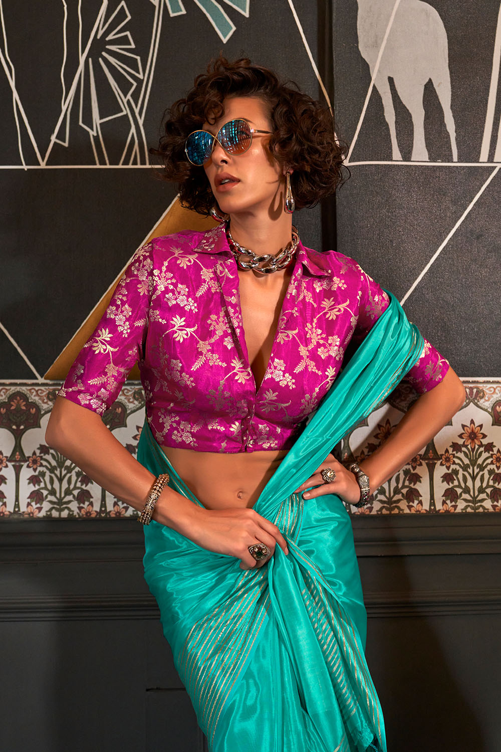 Romy Teal Viscose Handloom Weaving Ready to Wear One Minute Saree