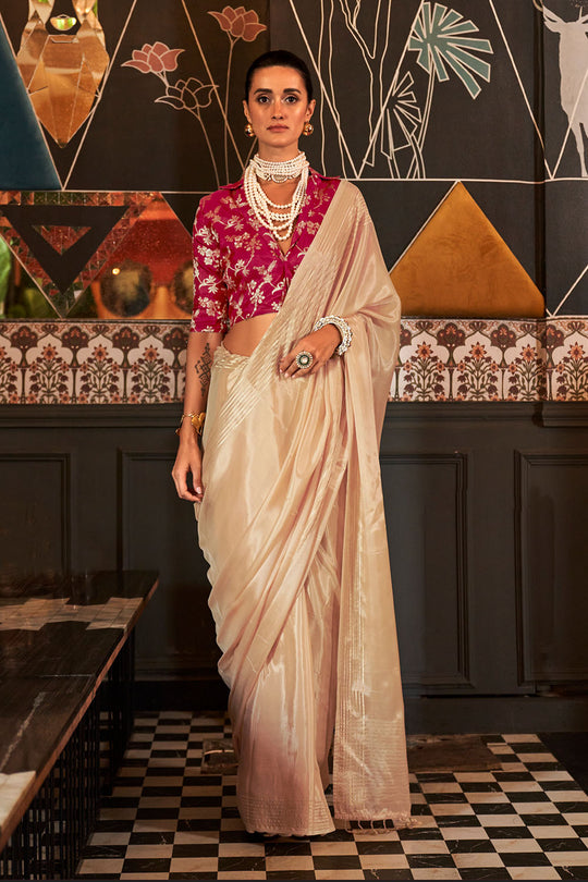 Romy Champagne Beige Viscose Handloom Weaving Ready to Wear One Minute Saree