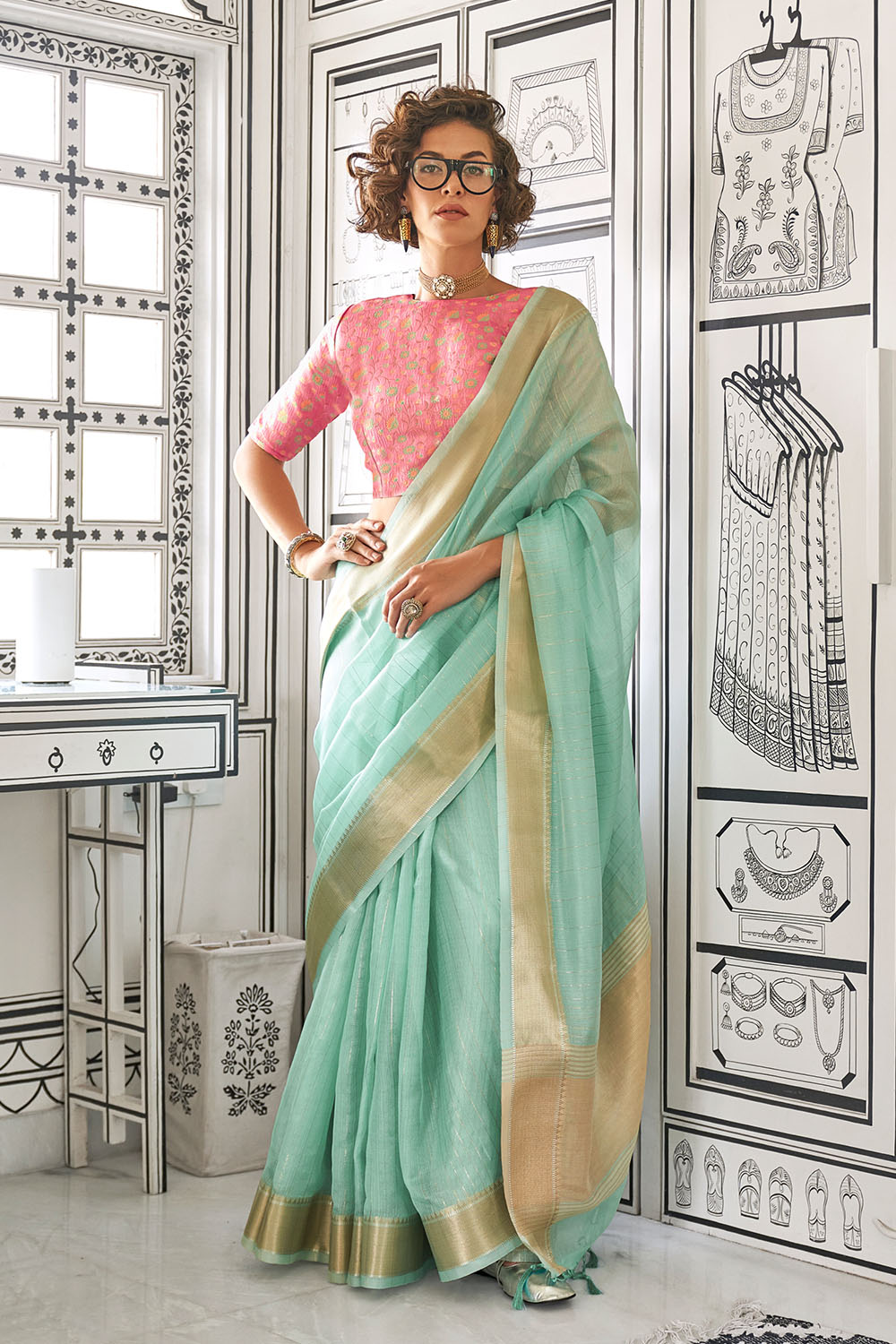 Taryn Sea Green Moss Chiffon Handloom Weaving Ready to Wear Saree