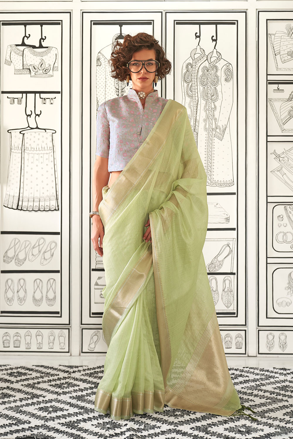 Taryn Pista Green Moss Chiffon Handloom Weaving Ready to Wear Saree
