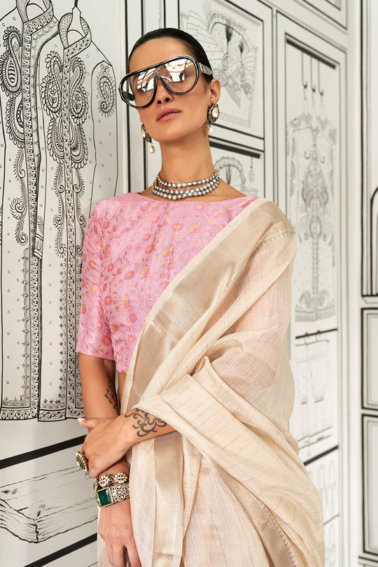 Taryn Cream Moss Chiffon Handloom Weaving Ready to Wear Saree