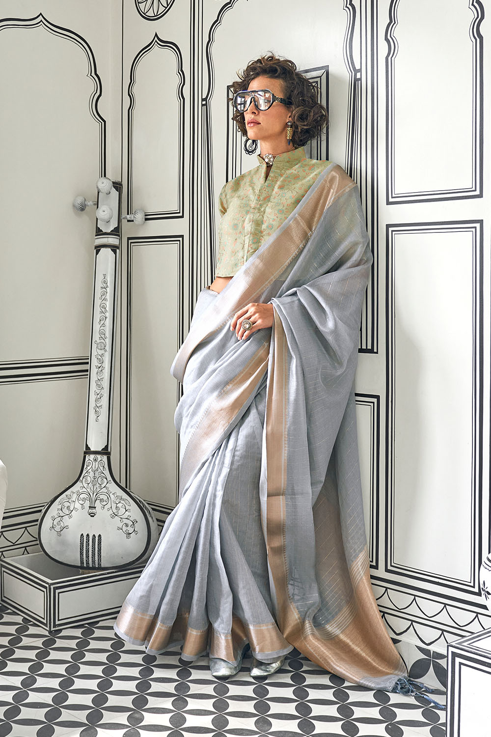 Taryn Grey Moss Chiffon Handloom Weaving Ready to Wear Saree