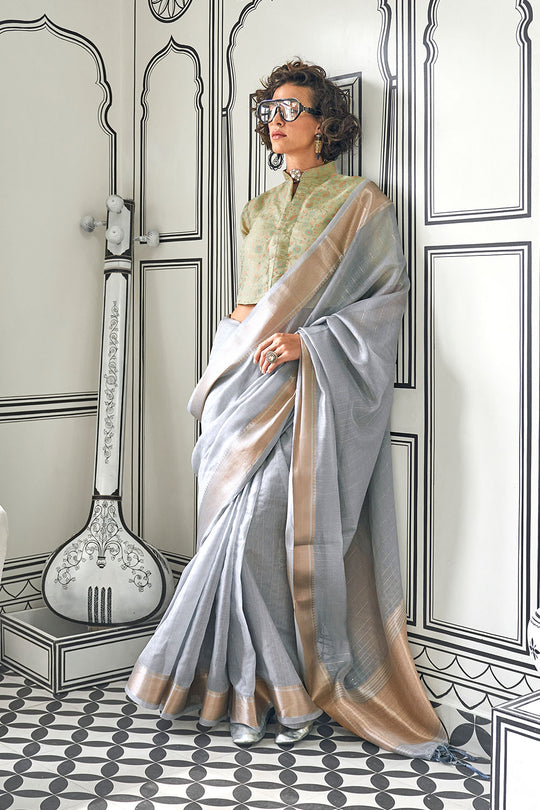 Taryn Grey Moss Chiffon Handloom Weaving Ready to Wear Saree