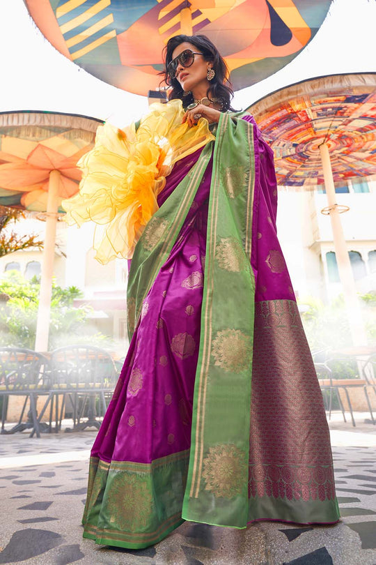Uppal Purple Two Tone Contrast Handloom Weaving Silk One Minute Saree