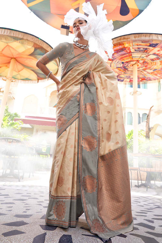 Uppal Cream Two Tone Contrast Handloom Weaving Silk One Minute Saree