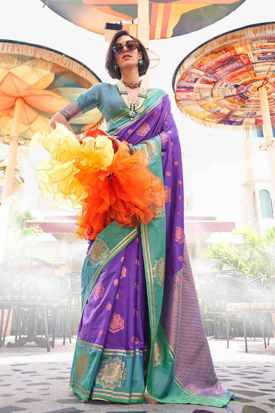 Uppal Violet Two Tone Contrast Handloom Weaving Silk One Minute Saree