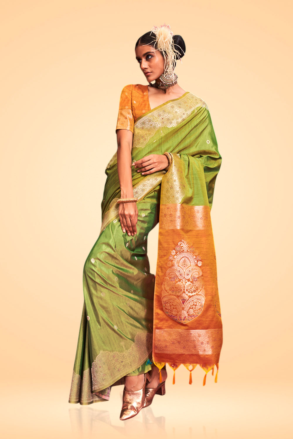 Anaya Green Tussar Silk Handloom Ikkat Pallu One Minute Saree