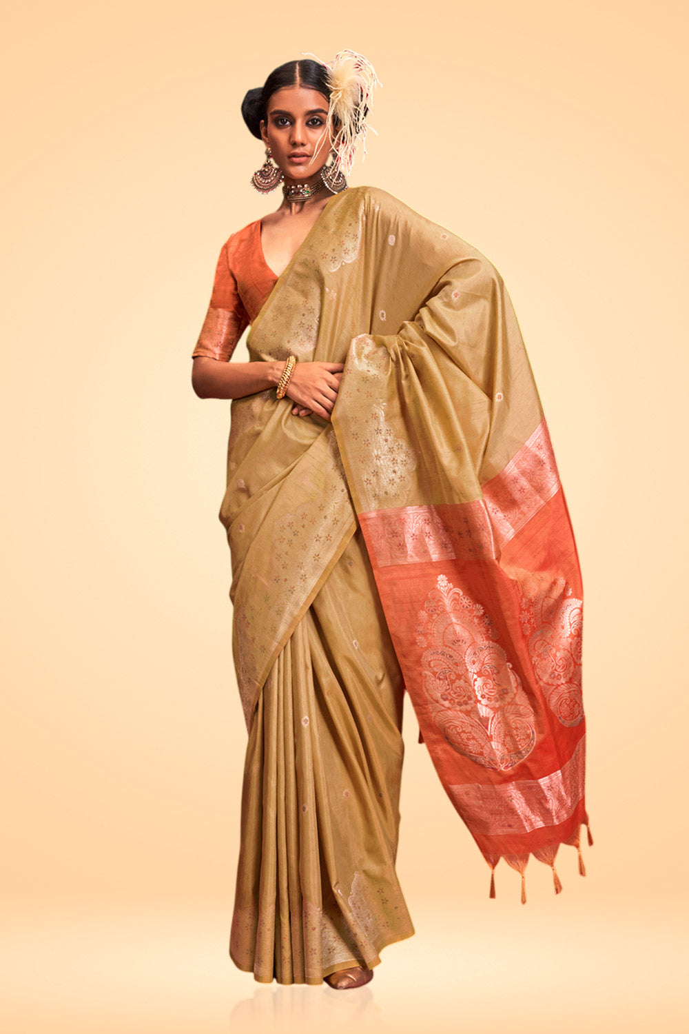 Anaya Cream Tussar Silk Handloom Ikkat Pallu One Minute Saree