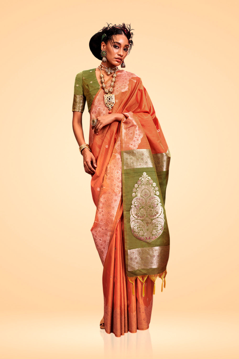 Anaya Orange Tussar Silk Handloom Ikkat Pallu One Minute Saree