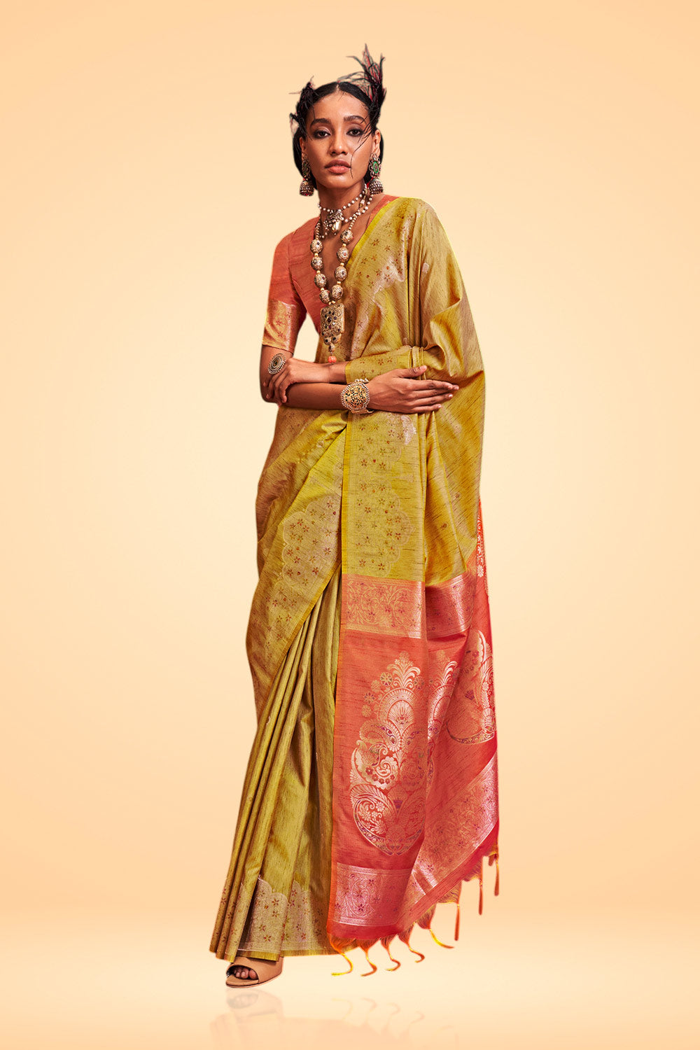 Anaya Yellow Tussar Silk Handloom Ikkat Pallu One Minute Saree