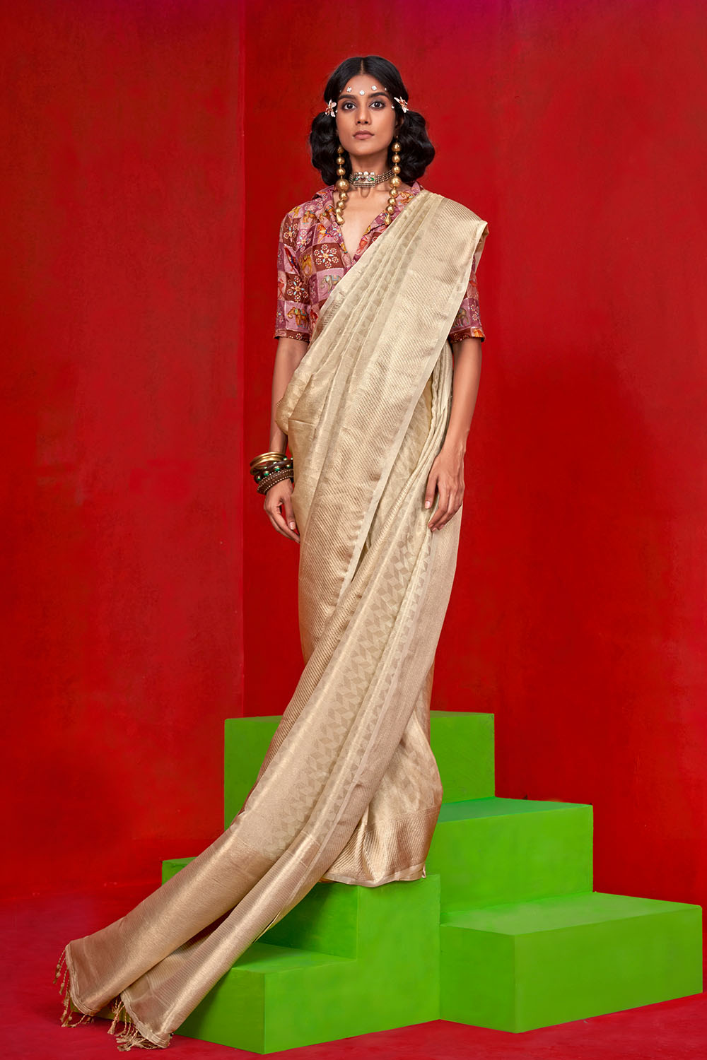 Noemie Cream Silk Woven Ready to Wear One Minute Saree