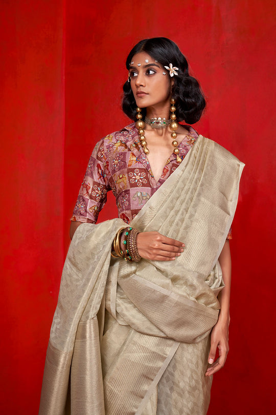 Noemie Cream Silk Woven Ready to Wear One Minute Saree