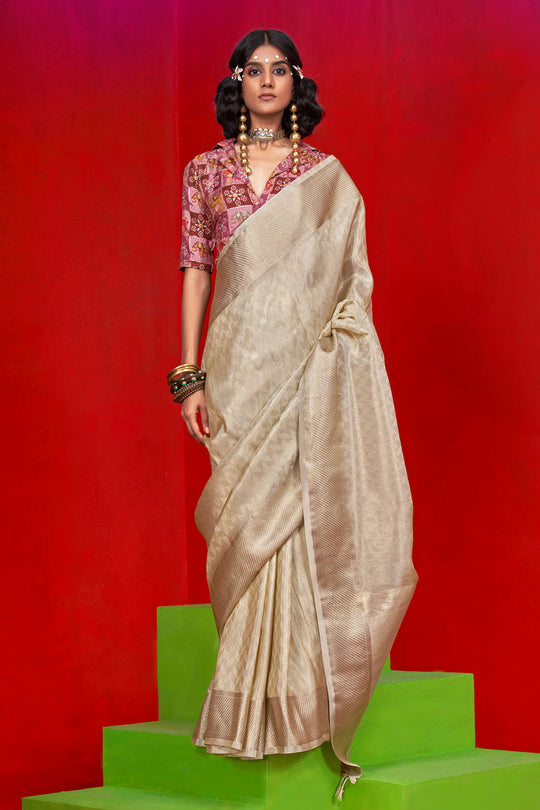Noemie Cream Silk Woven Ready to Wear One Minute Saree
