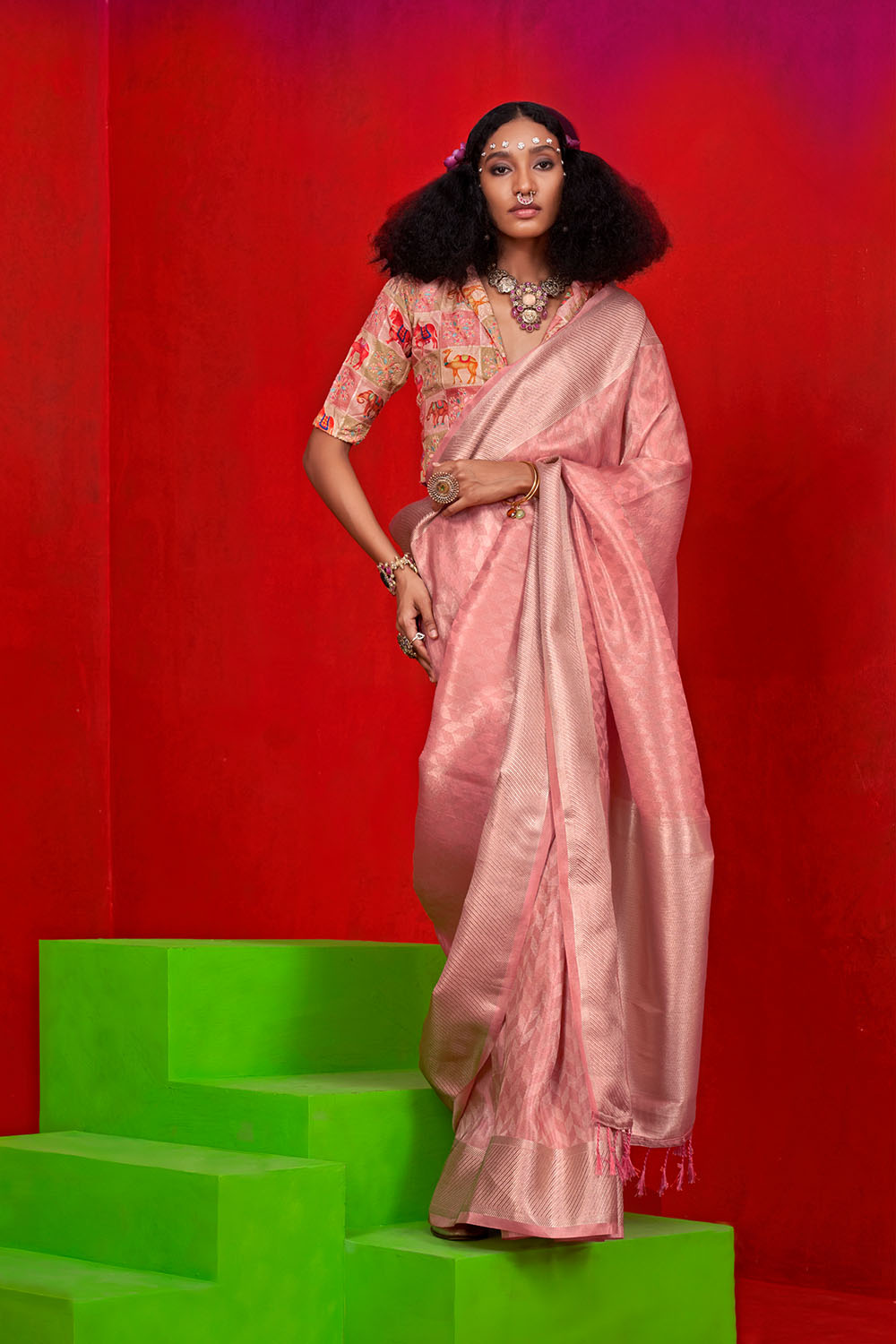 Noemie Peach Silk Woven Ready to Wear One Minute Saree