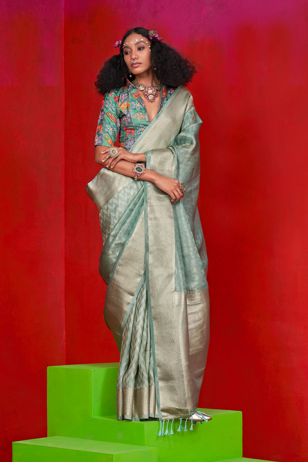 Noemie Light Turquoise Silk Woven Ready to Wear One Minute Saree