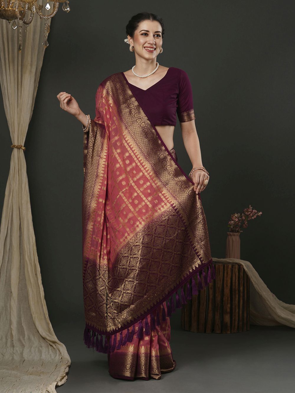 Alekha Pink & Maroon Georgette Printed One Minute Saree