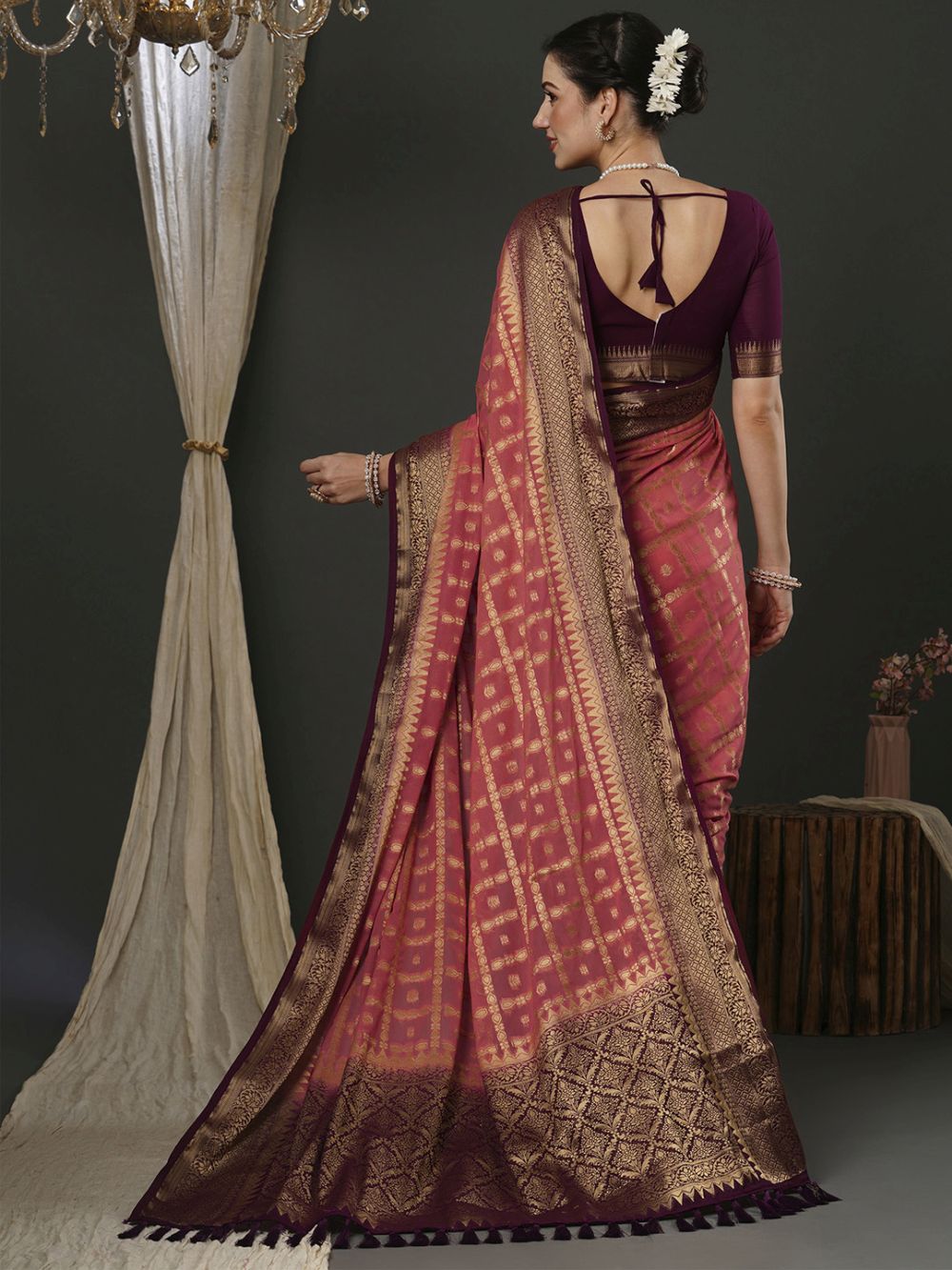 Alekha Pink & Maroon Georgette Printed One Minute Saree