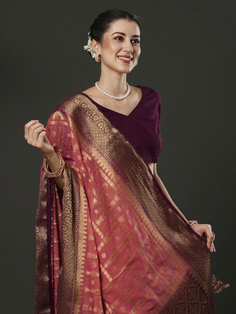 Alekha Pink & Maroon Georgette Printed One Minute Saree