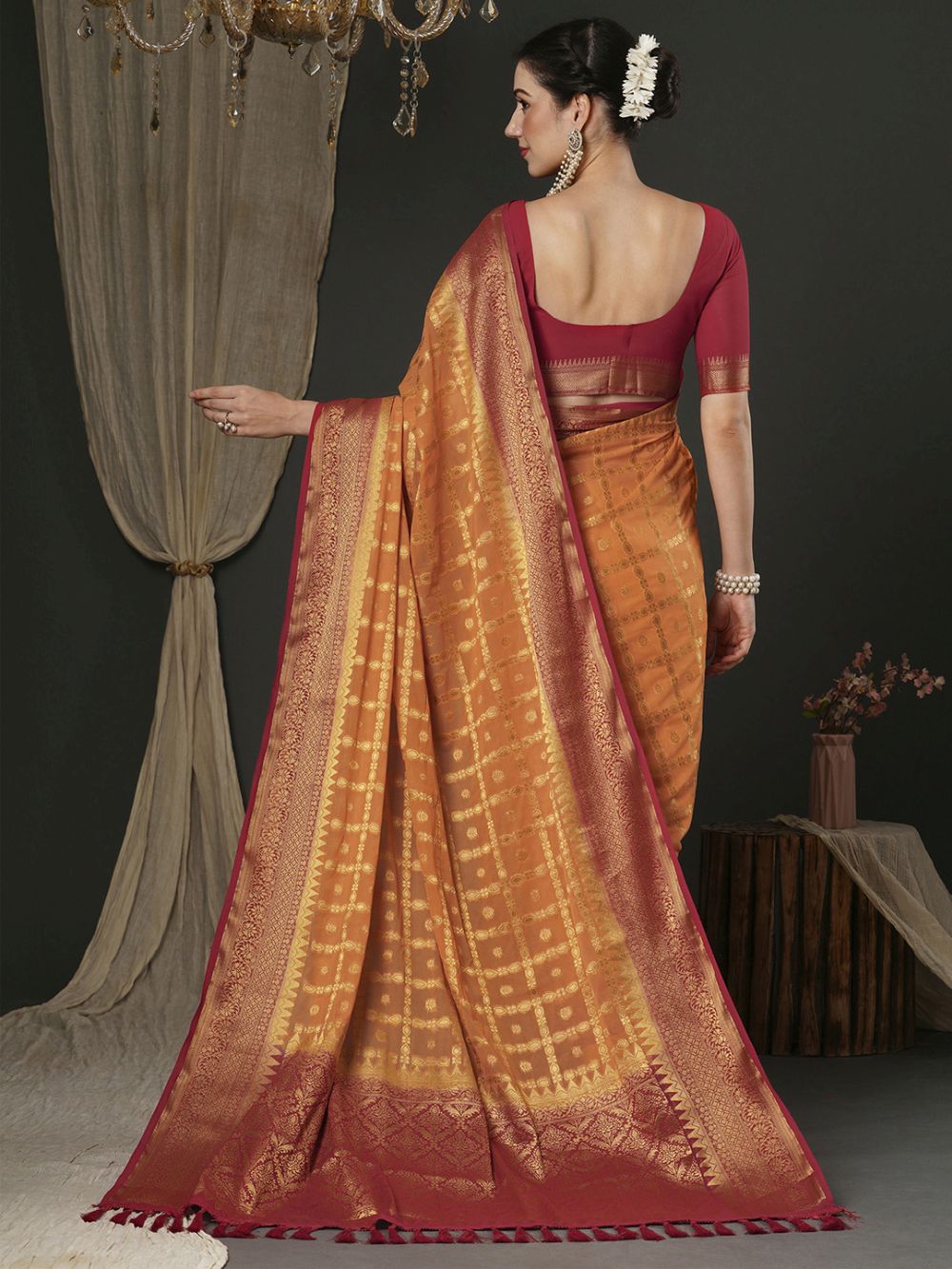 Alekha Orange & Red Georgette Printed One Minute Saree