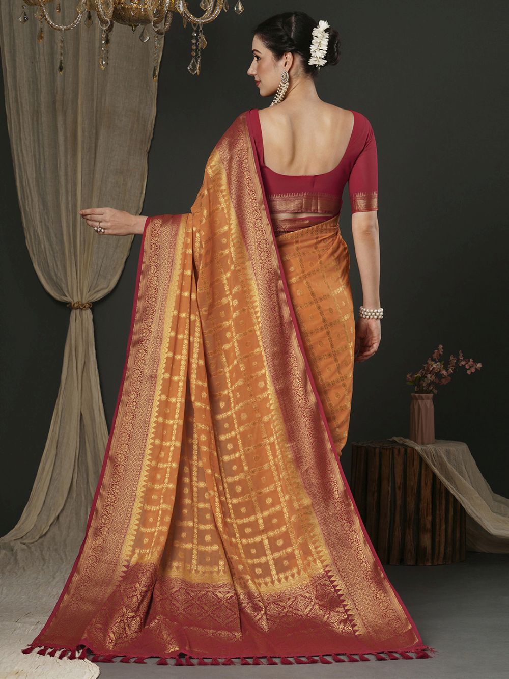 Alekha Orange & Red Georgette Printed One Minute Saree