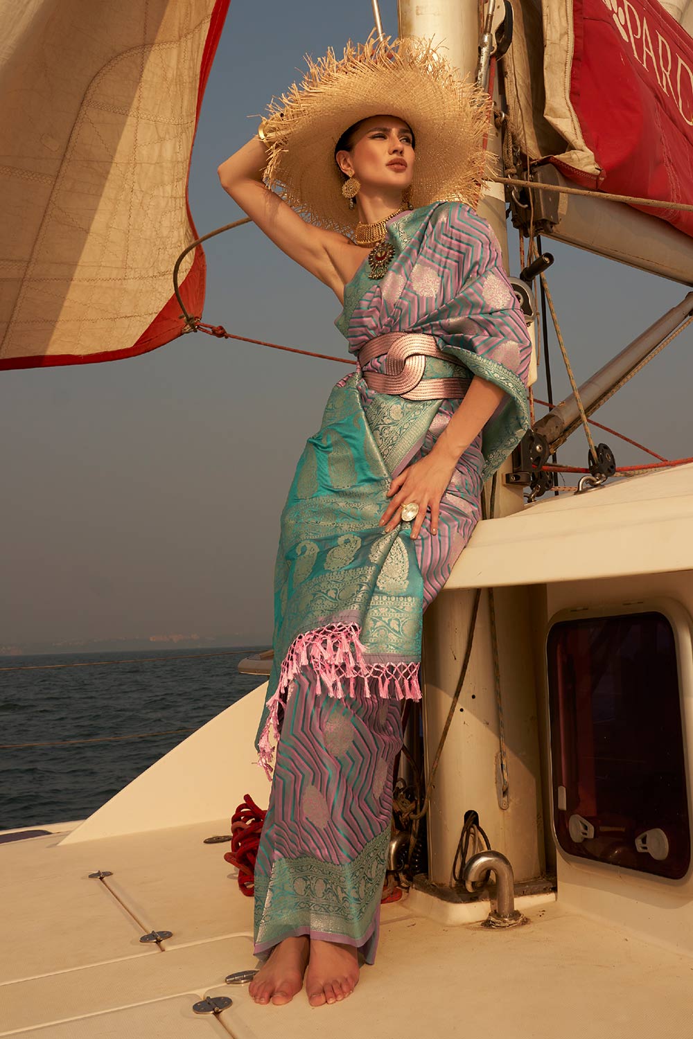 Madhu Pink & Teal Satin Two-Tone One Minute Saree