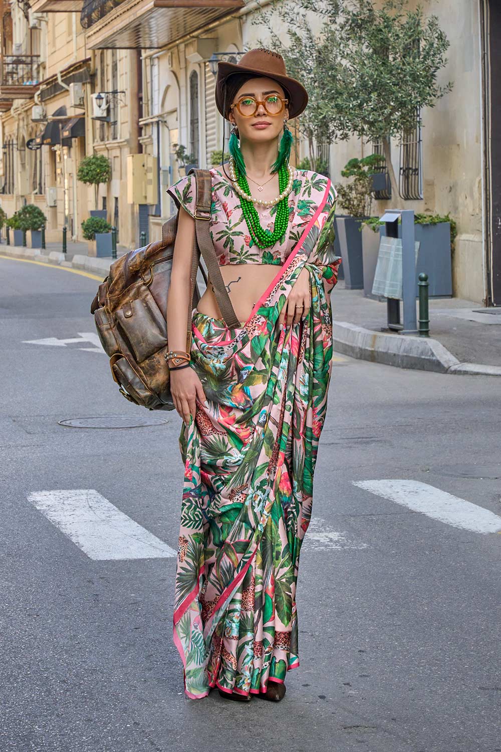 Mona Green Printed Georgette Satin One Minute Saree