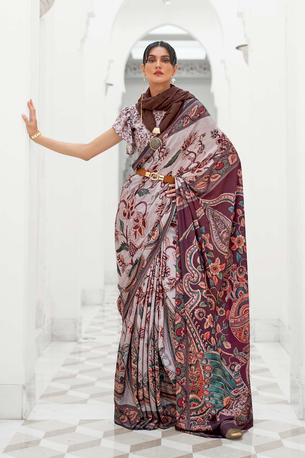 Kalamkari Grey Digital Printed Pure Silk One Minute Saree