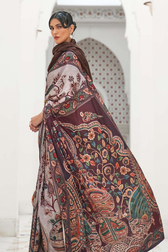 Kalamkari Grey Digital Printed Pure Silk One Minute Saree