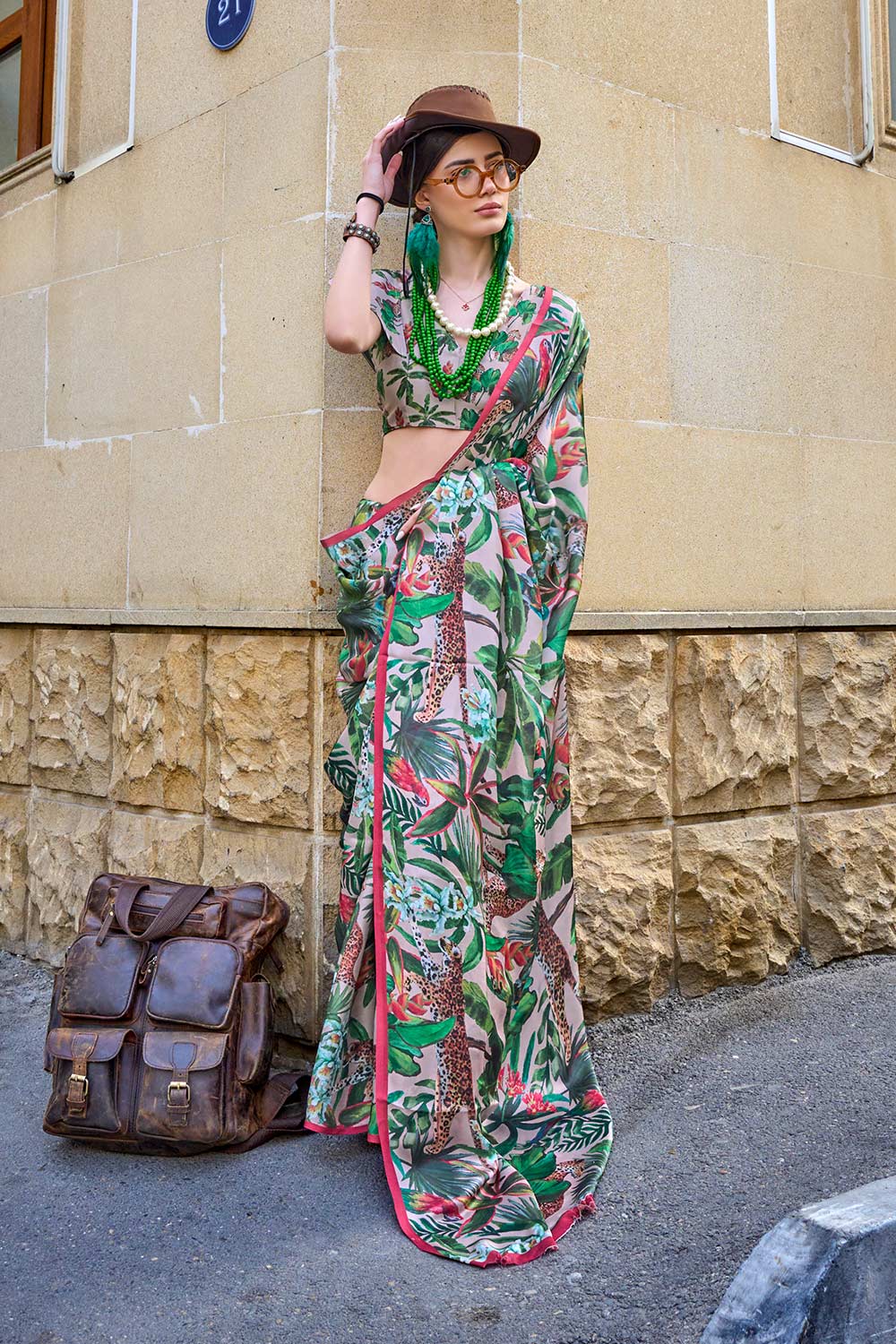 Mona Green Printed Georgette Satin One Minute Saree