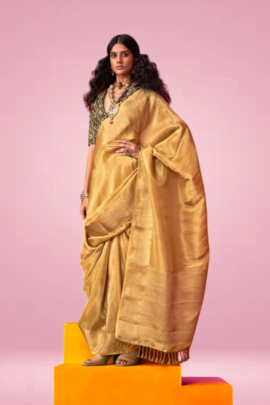 Laila Yellow Pure Viscose Zari Tissue One Minute Saree
