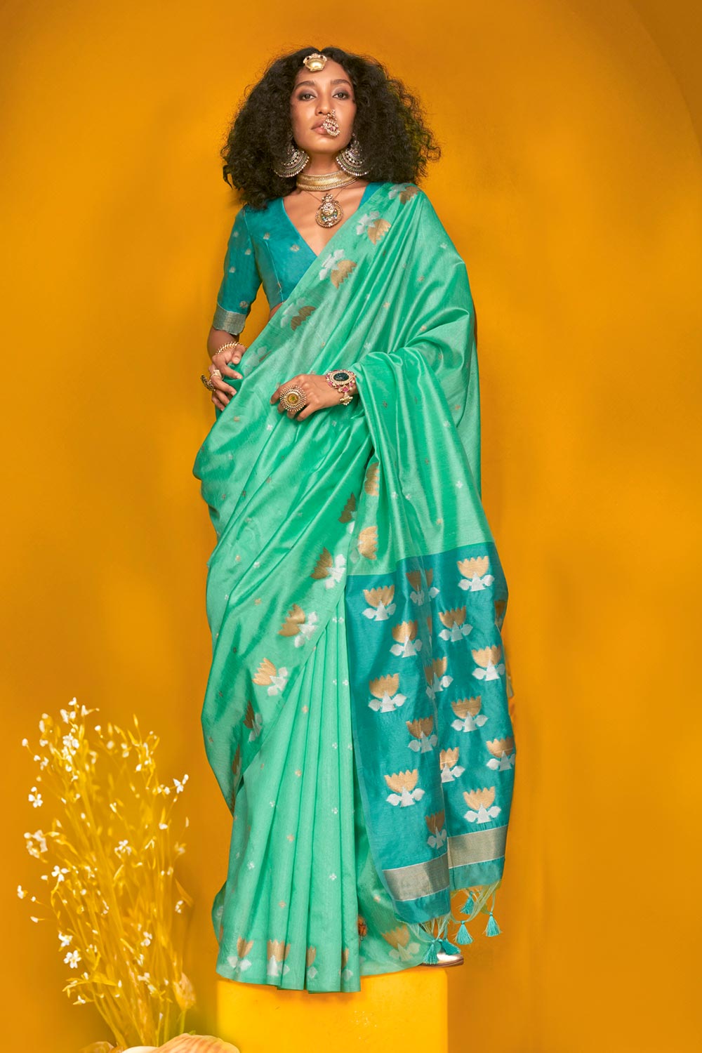 Kani Turquoise Tussar Printed Handloom Silk One Minute Saree