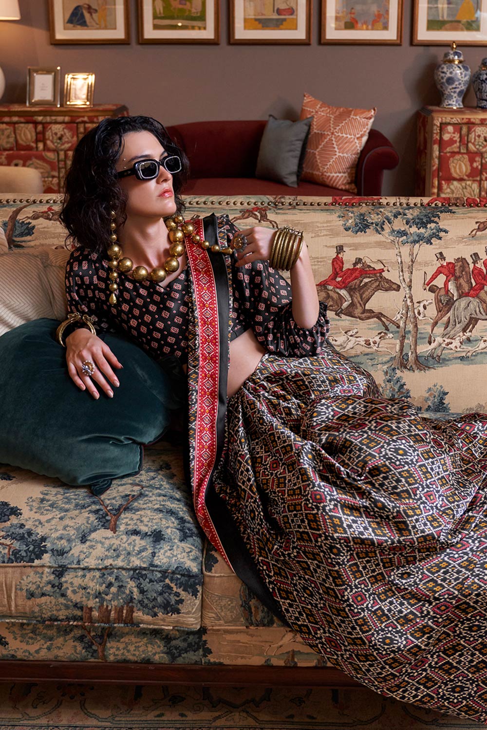 Kourtney Black Satin Patola Printed One Minute Saree