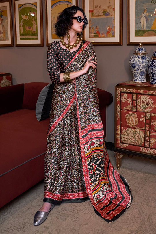 Kourtney Black Satin Patola Printed One Minute Saree