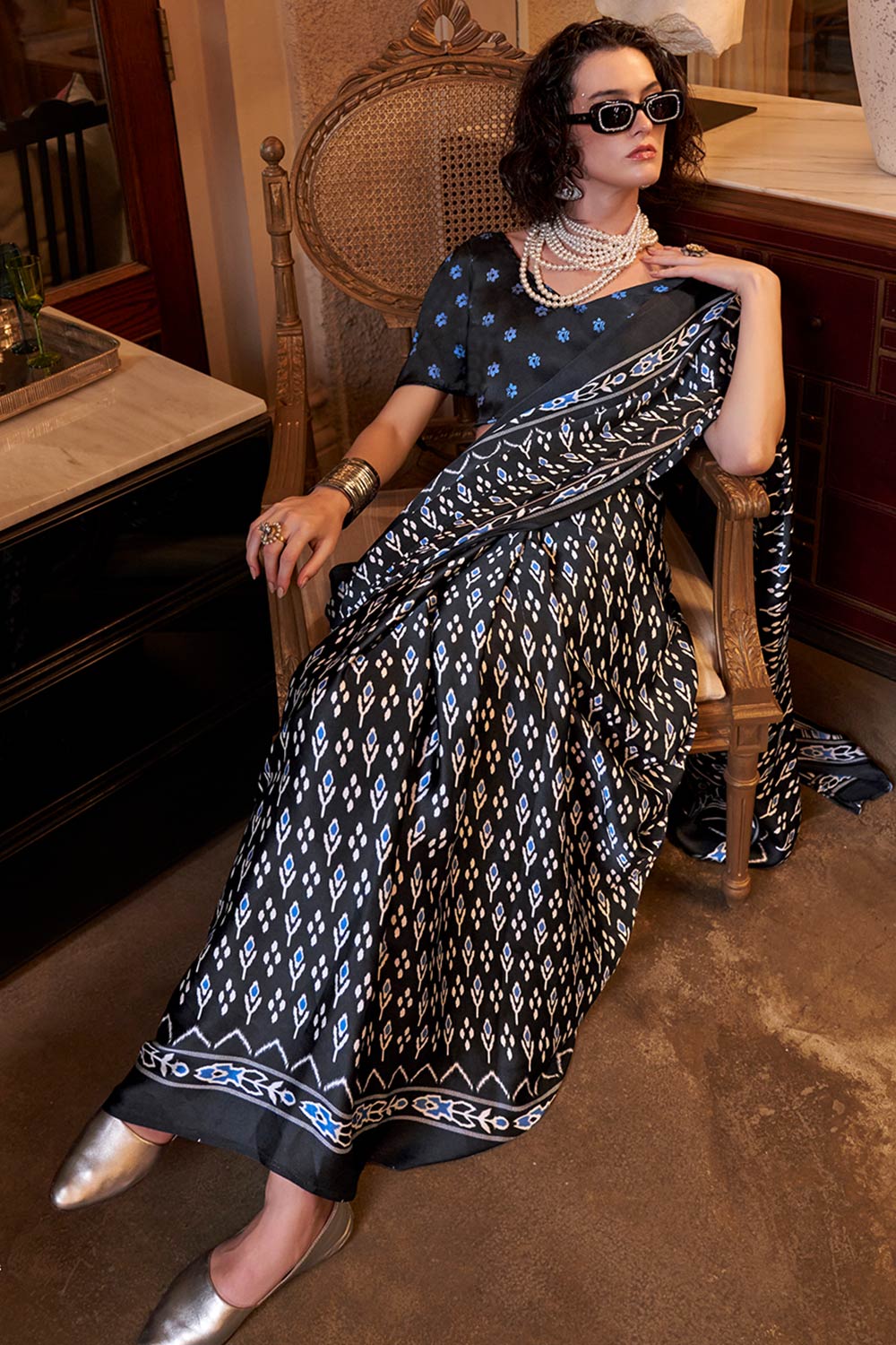 Kourtney Black & Blue Satin Ikat Printed One Minute Saree
