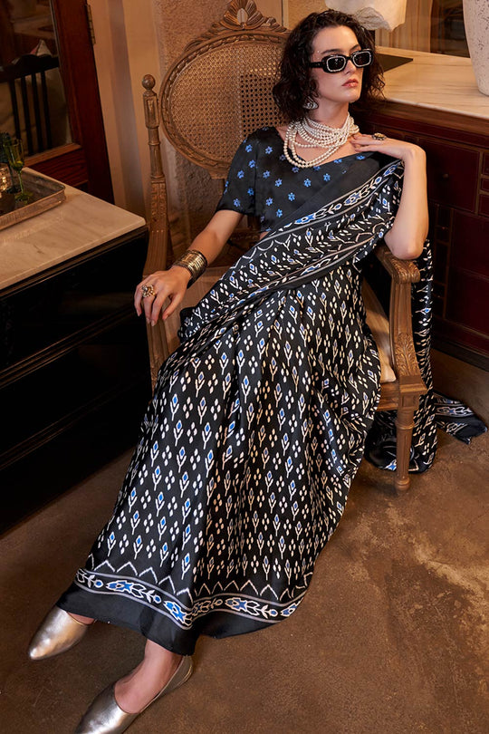 Kourtney Black & Blue Satin Ikat Printed One Minute Saree