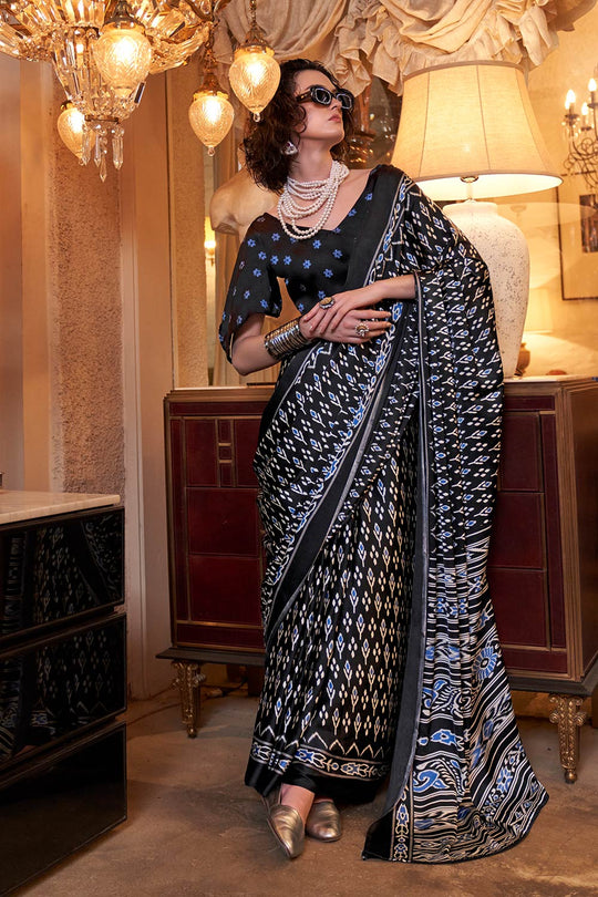 Kourtney Black & Blue Satin Ikat Printed One Minute Saree