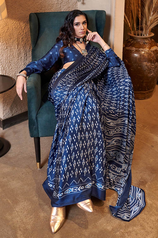 Kourtney Blue Satin Printed One Minute Saree