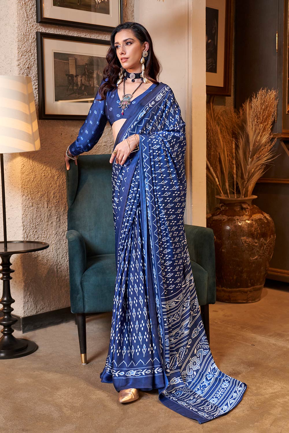 Kourtney Blue Satin Printed One Minute Saree
