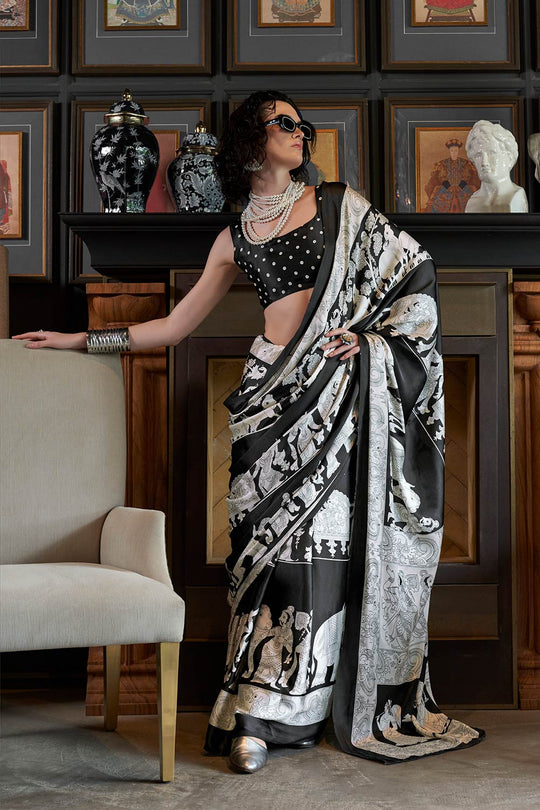 Kourtney Black Satin Traditional Animal Printed One Minute Saree