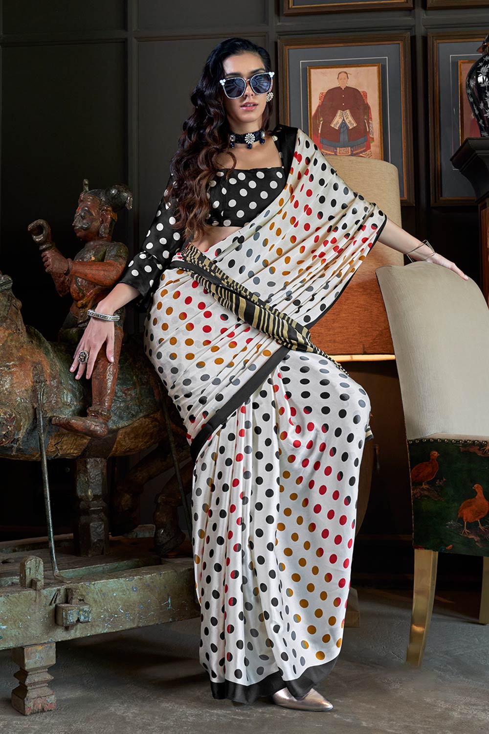 Kourtney White Satin Printed One Minute Saree