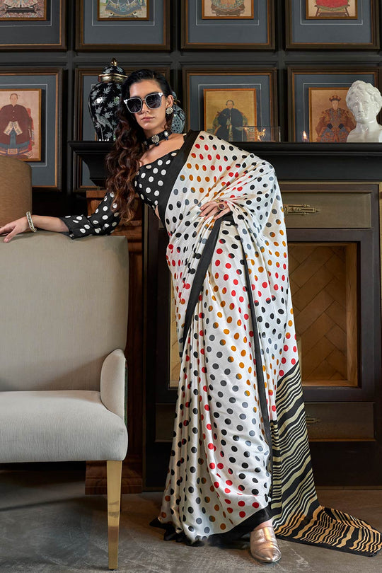 Kourtney White Satin Printed One Minute Saree